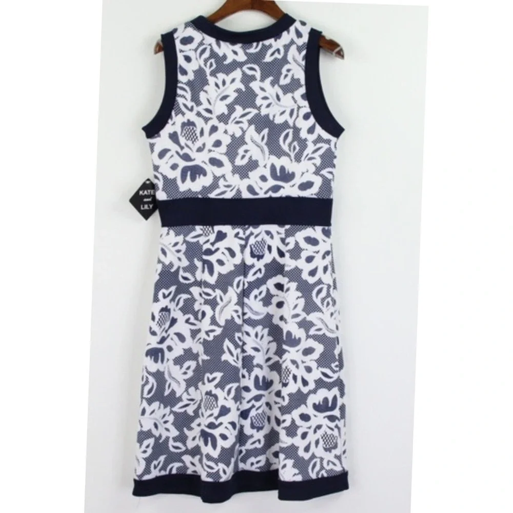 Kate and Lily Fit/Flare Lace Midi Dress Sleeveless 12 Navy White Floral Cottage - Picture 2 of 8